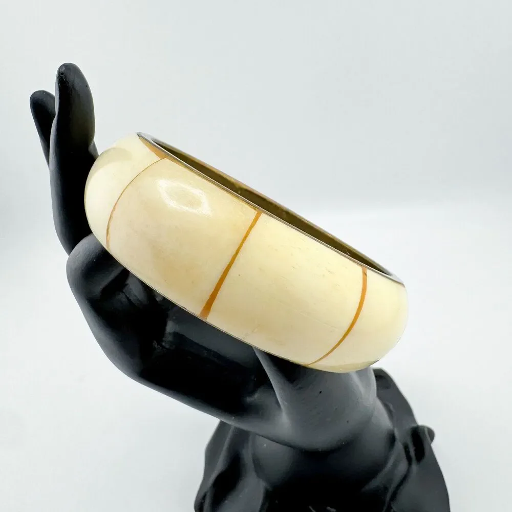 Vintage Shell Cream Brass Bangle Bracelet  Chunky Retro Statement Handcrafted
